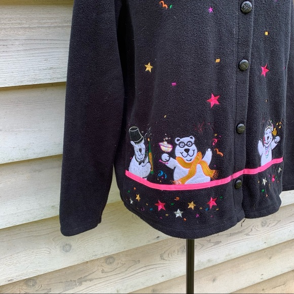 Vintage Black Fleece Polar Bear Appliqué Long Sleeve Button Up Cardigan Sweater - Picture 9 of 16